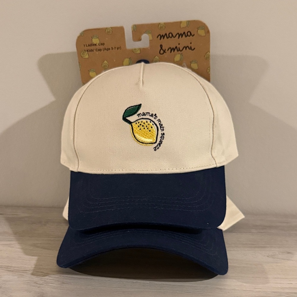 Mama & Mini Lemon Embroidered Hats - Cream and Navy